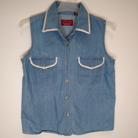 Chambray button up sleeveless shirt w/ satin trim - Picture 2 of 6
